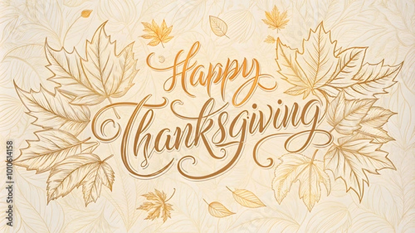 Fototapeta  Elegant Thanksgiving background with golden leaves and cursive lettering