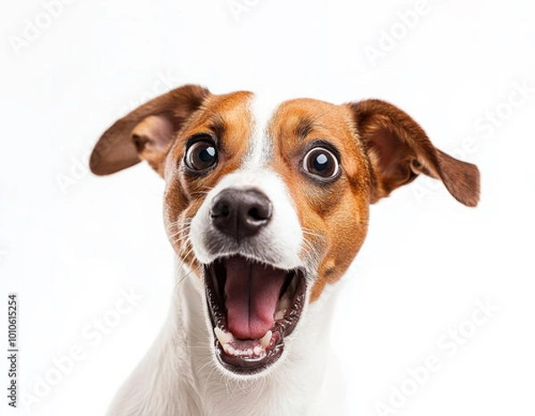 Obraz Cute dog acting surprised or scared and has his mouth and eyes wide open, white background.