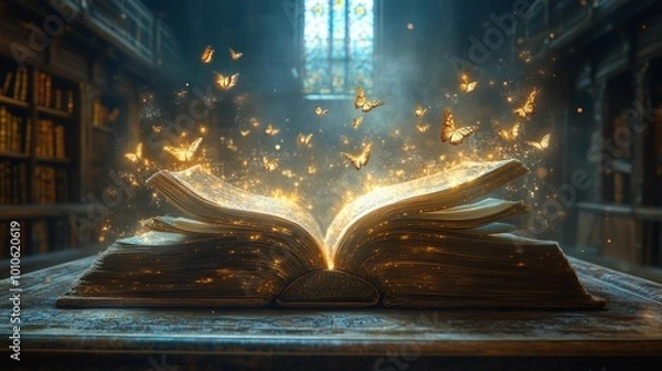 Fototapeta Magical Open Book with Glowing Butterflies Generative AI