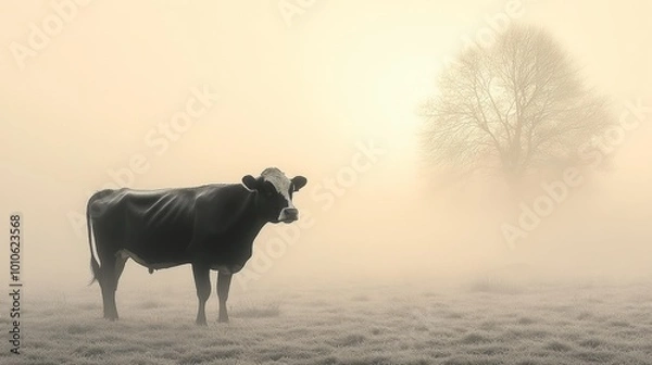 Fototapeta Cow Standing in Misty Field Generative AI