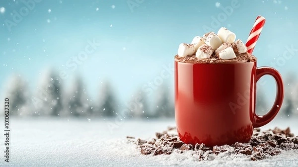 Fototapeta Hot chocolate in red mug, white isolate background