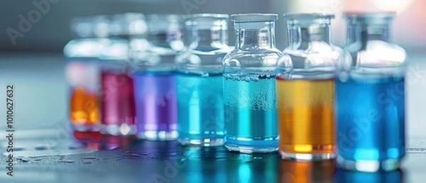 Fototapeta Close-Up of Oil and Water Samples in Colorful Bottles