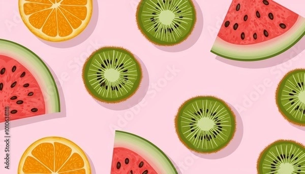 Fototapeta Vector illustration of halved and sliced watermelon, oranges, and kiwis on a pastel pink background.
