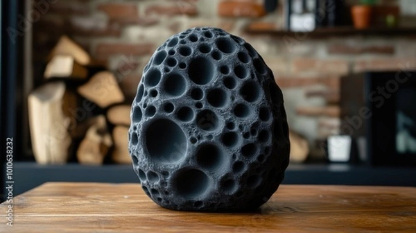 Fototapeta A black ceramic egg with a cratered texture sits on a wooden table with a brick wall and a wood pile in the background.