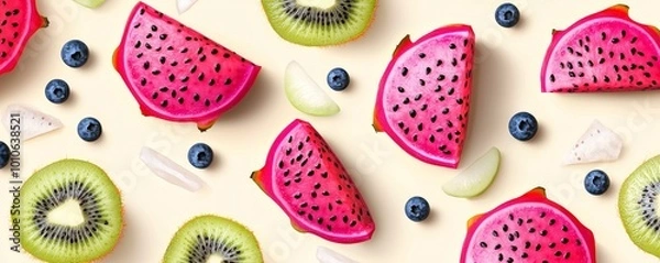 Fototapeta Vector illustration of sliced dragon fruit, kiwi, and blueberries scattered on a light pastel yellow background.
