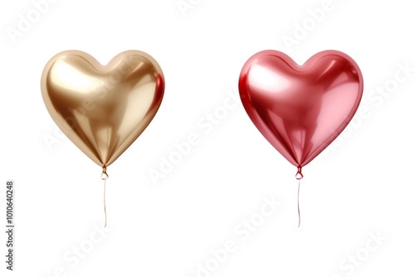 Fototapeta red and golden of heart foil balloons 3D on transparent background.