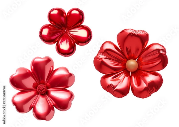 Fototapeta Set of red flower foil balloons 3D on transparent background
