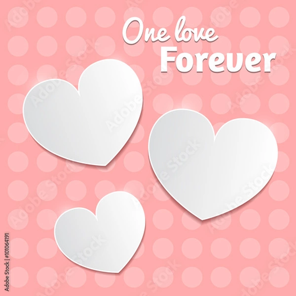Fototapeta White paper hearts Valentines day card on pink dotted background