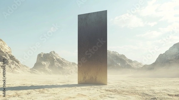 Fototapeta Otherworldly Encounter: Hyperrealistic 3D Rendering of Colossal Alien Monolith in Vast Desert Landscape
