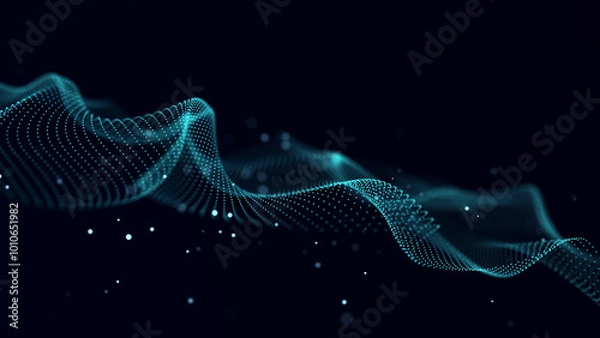 Fototapeta Futuristic background of moving, glowing particles on a black background. Large amount of data. 3D rendering.