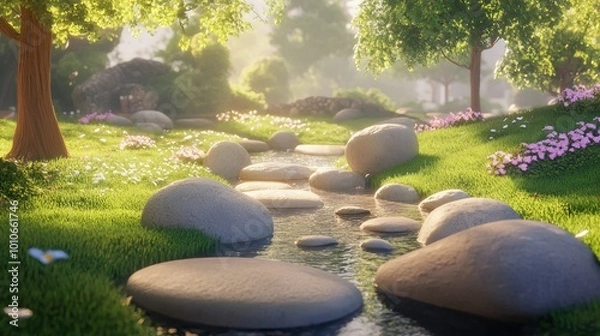 Fototapeta A gently flowing river with smooth stones and lush green banks, creating a soothing and calming natural scene. -