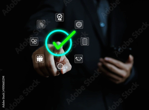 Fototapeta Businessman holding quality certification mark, audit, business, assurance, control, digital, service, complete, assessment, checklist, data with quality icon.