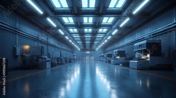 Fototapeta A state-of-the-art CNC production hall, with shining machines and glowing panels, in a futuristic, eco-friendly, and open industrial environment