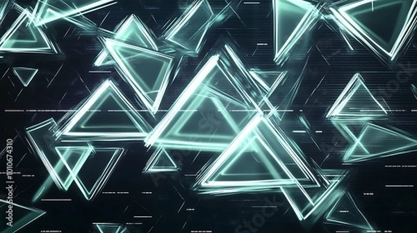 Fototapeta Abstract background of glowing turquoise triangles with white outline on a dark background.