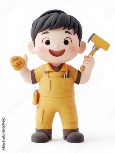 Fototapeta A cheerful cartoon character in yellow overalls holding a hammer and a tool, promoting creativity.