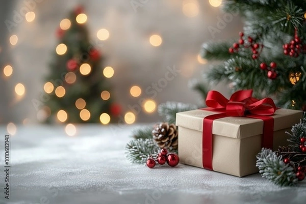 Fototapeta Christmas background with a white table and gifts on it with bokeh lights in the background, minimalistic design, copy space for text 