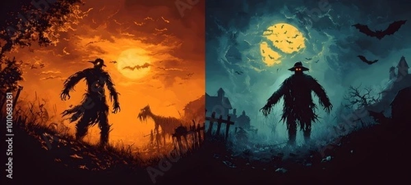 Fototapeta Mysterious and Ominous Silhouettes of Frightening Creatures Lurking in a Haunting Moonlit Forest Landscape with Fog,Bats,and an Eerie,Supernatural Atmosphere.