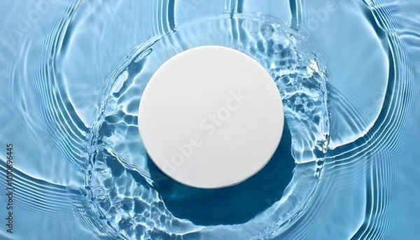 Fototapeta Round white podium for cosmetics on the water surface. Top view.