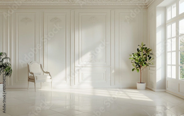 Fototapeta Delicate off-white wainscoting meeting a frothy, cream-like stucco ceiling in a luxurious French-inspired room.