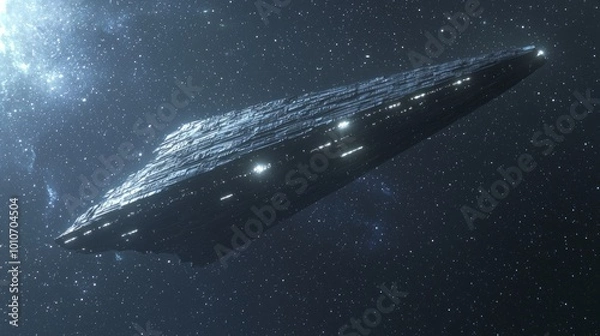 Fototapeta Futuristic 3D Rendered Alien Spaceship Hovering in Starry Galaxy Background with Glowing Lines and Sharp Peak, Monolithic Advanced Civilization Vessel in 8K Resolution