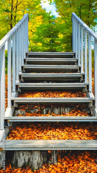 Fototapeta Staircase in the autumn park with yellow maple leaves on the ground