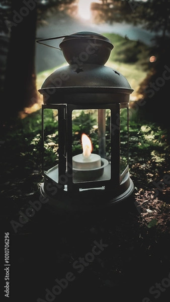 Fototapeta Lantern in the forest with a burning candle. Selective focus.
