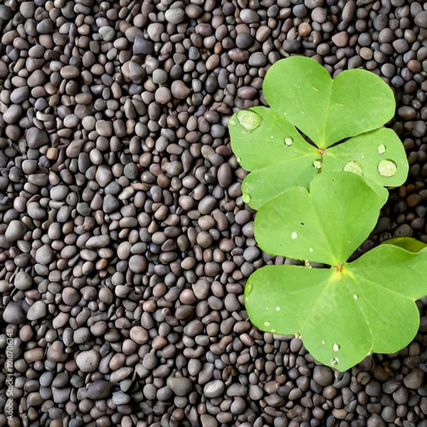 Fototapeta Green clover leaf with water drops on black pebbles background