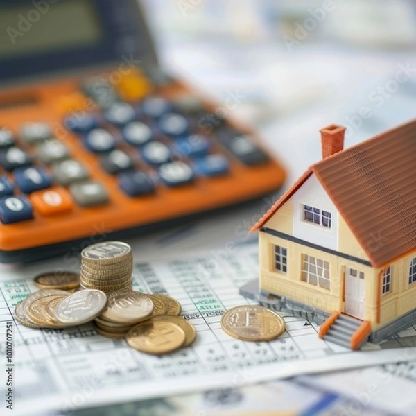 Fototapeta A calculator and piles of coins sit beside a model home, representing the potential financial rewards of real estate investments, including cash flow and tax benefits.