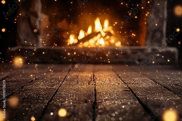 Fototapeta Wooden background with glitter effects and fireplace with generative ai