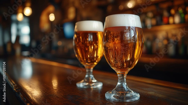 Fototapeta Two glasses of beer are sitting on a bar top in a warmly lit pub, with condensation clinging to the sides of the glasses