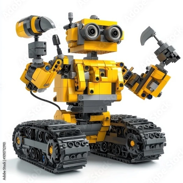 Fototapeta A yellow robotic figure made from building blocks, showcasing creativity and engineering.