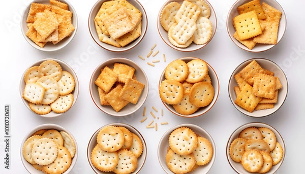 Fototapeta Set of different tasty crackers in bowls on white background, top view