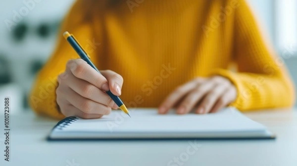 Fototapeta Close up of a person s hands writing in a planner reviewing completed tasks and planning for the next day  Concept of end of day reflection personal organization and productivity