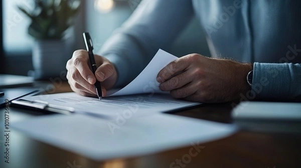 Fototapeta Person writing on papers in an office setting, focus on hands and documents.