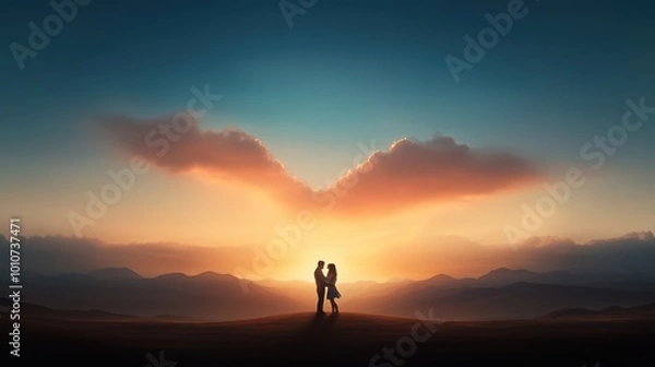 Fototapeta Silhouette couple embracing at sunset with colorful sky and mountains in the background.