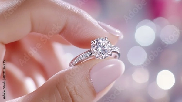 Fototapeta A hand holding a stunning diamond engagement ring, featuring a circular center stone and intricate band detailing, against a sparkling background.