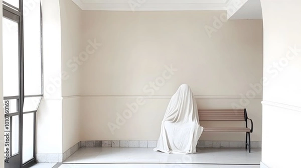 Fototapeta A mysterious figure draped in white sits silently on a bench in a minimalist hallway.