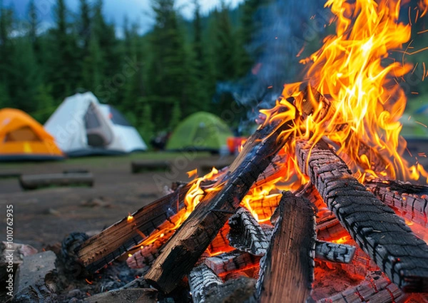 Fototapeta A close-up shot of a roaring campfire with pine trees and camping tents in the background.