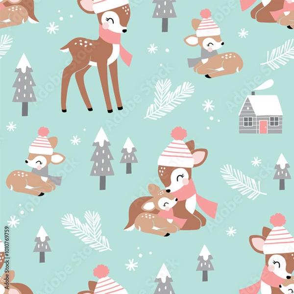 Fototapeta Seamless vector pattern with cute deer family and snowy woods. Hand drawn Christmas fawn and snowy woods. Perfect for textile, wallpaper or nursery print design. EPS10 vector file.