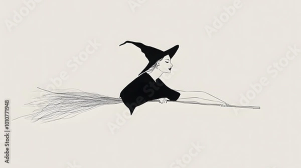 Obraz A stylish witch soaring on her broom, illustrating elegance and mystery.