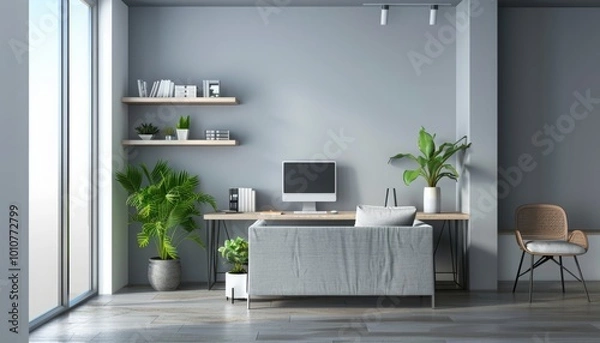 Fototapeta Modern stylish home office interior with comfortable sofa and ergonomic workspace. Bright and organized design featuring a cozy seating area and practical desk setup, perfect for productivity