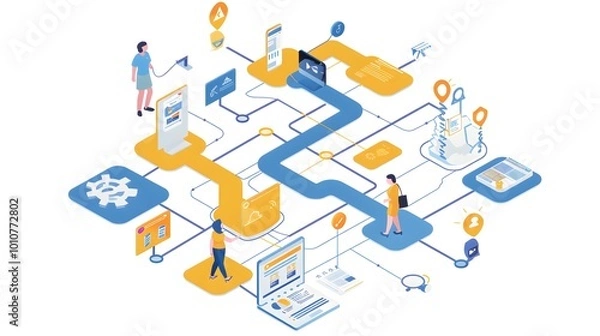 Fototapeta  visual representation of user journey mapping, featuring a detailed map of steps and interactions a user takes to achieve a goal, highlighting touchpoints and pain points
