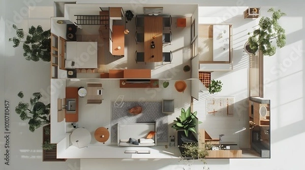 Fototapeta The arrangement and organization of spaces within an interior, including the placement of furniture, fixtures, and pathways to optimize functionality and flow