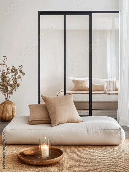 Fototapeta Cozy minimalist living area with neutral tones and natural materials in a bright space