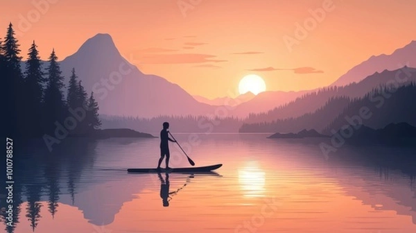 Fototapeta A serene sunset reflects on a tranquil lake, with a lone paddler gliding through the peaceful waters surrounded by mountains.