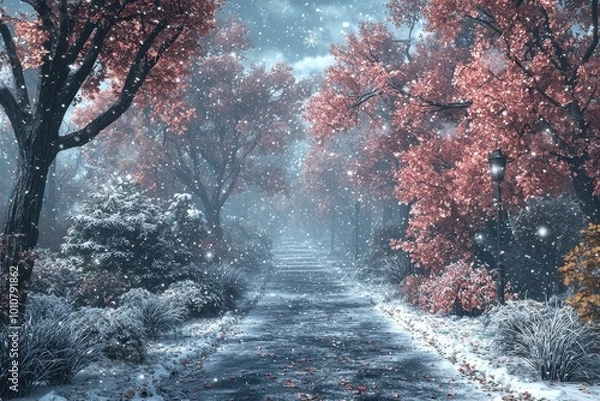 Fototapeta A serene winter scene featuring vibrant pink trees blanketed in fresh snow, creating a magical pathway through a snowy forest