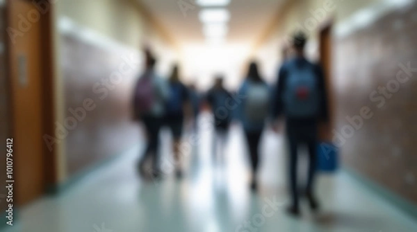 Fototapeta Abstract image of a school corridor during a break between lessons with blurred figures of schoolchildren