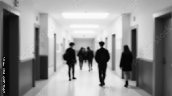 Fototapeta Abstract black and white image of a school corridor during a break between lessons with blurry figures of schoolchildren