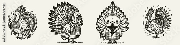 Fototapeta Four whimsical illustrations of turkeys adorned with decorative feathers and unique features, showcasing a playful artistic style.