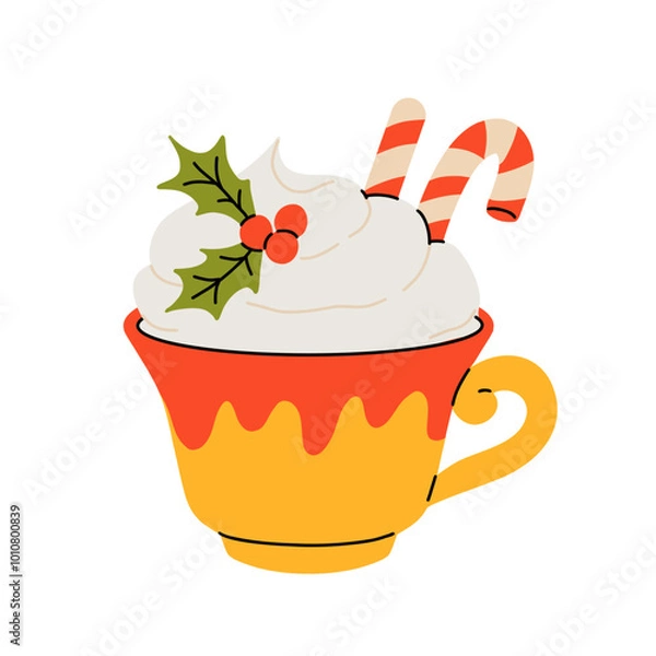 Fototapeta Christmas and Happy New Year illustration. Mugs of cacao with whipped cream, marshmallow and candy cane. Greeting card for Xmas, New year or winter holidays. Vector design template.
